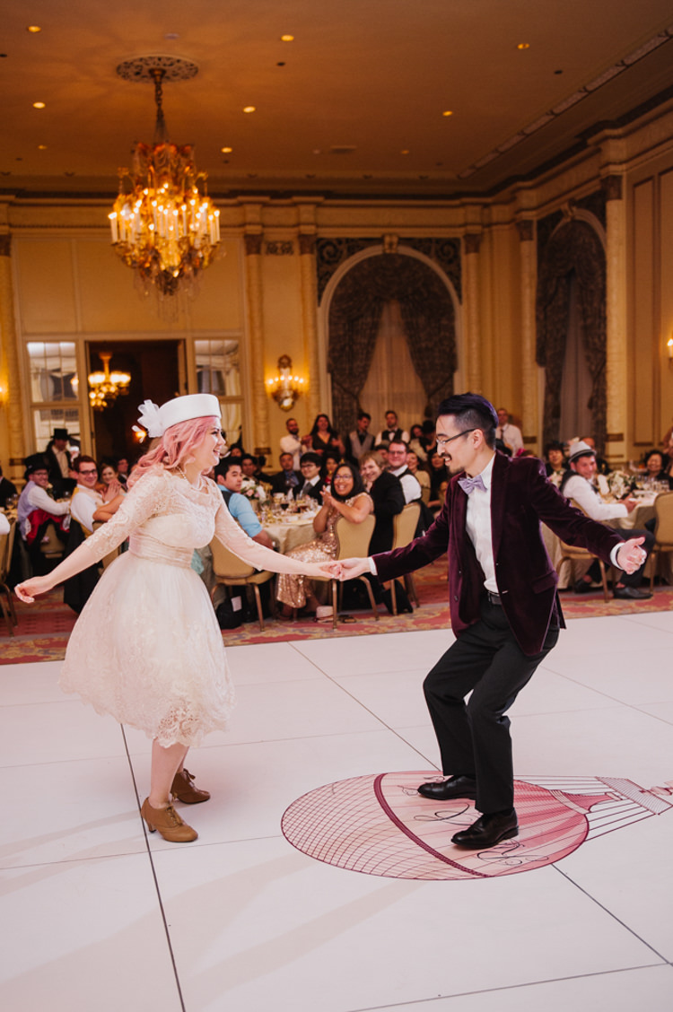Bride Hat Sleeved Lace Gown Groom Maroon Velvet Jacket First Dance Opulent Pink Gold Victorian Wedding in Seattle http://www.barrieannephotography.com/