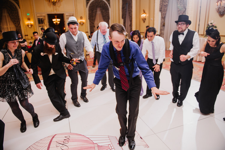 Reception Dancefloor Decal Guests Dancing Fancy Hats Opulent Pink Gold Victorian Wedding in Seattle http://www.barrieannephotography.com/