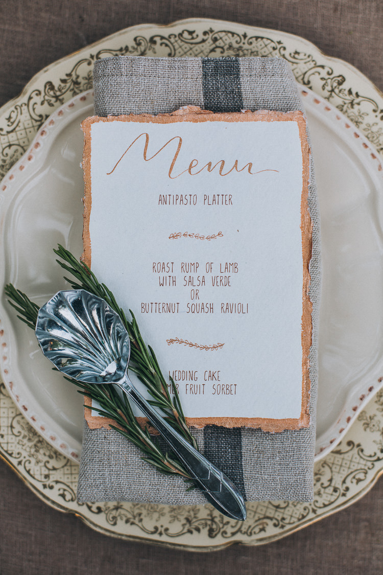Calligraphy Menu Copper Rosemary Stationery Paper Place Setting Soft Natural Woodland Wedding Ideas http://www.matthoranphotography.com/