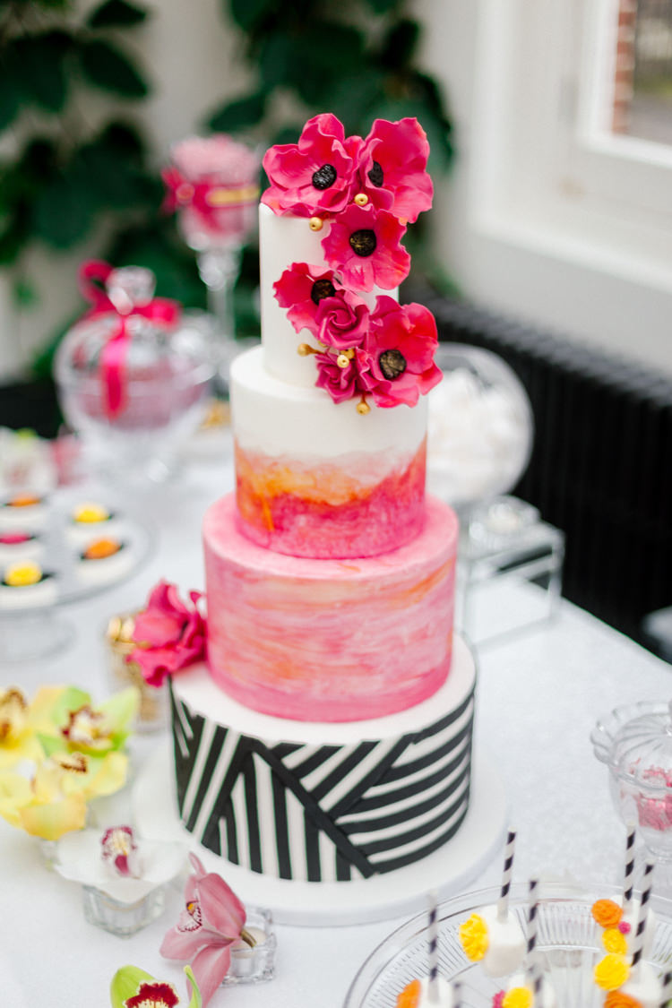 Flower Cake Pink Green Stripes Monochrome Black White Modern Fresh Watercolour Wedding Ideas http://www.beatriciphotography.co.uk/