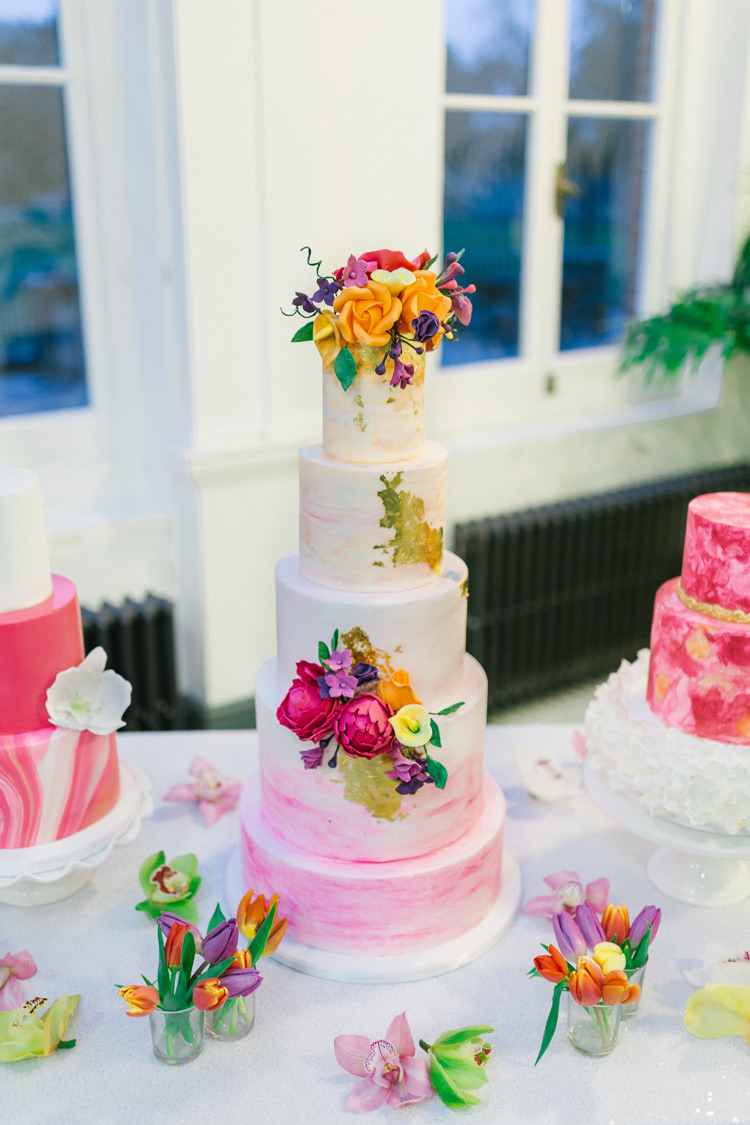 Cake Pink Gold Leaf Flowers Modern Fresh Watercolour Wedding Ideas http://www.beatriciphotography.co.uk/ 