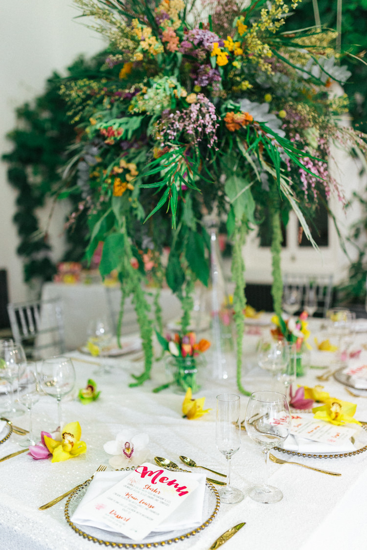 Whimsical Flowers Centrepiece Large Green Foliage Modern Fresh Watercolour Wedding Ideas http://www.beatriciphotography.co.uk/ 
