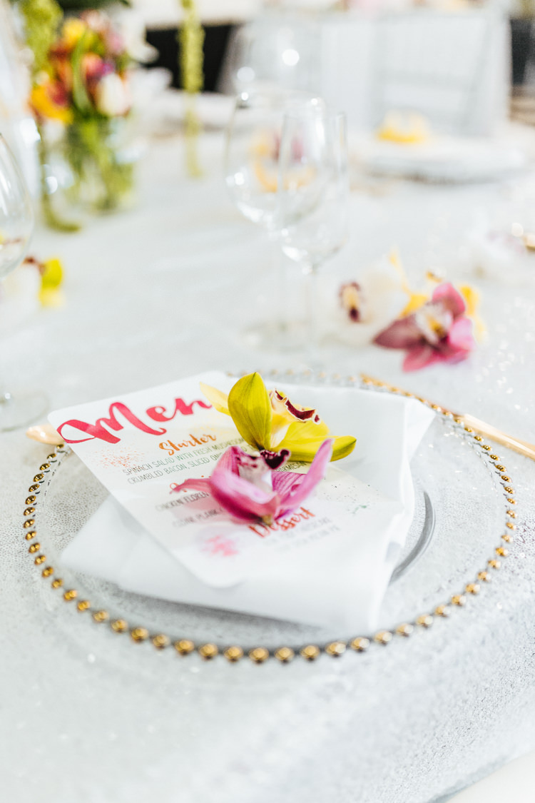 Place Setting Gold Plate Flowers Stationery Glitter Table Cloth Modern Fresh Watercolour Wedding Ideas http://www.beatriciphotography.co.uk/