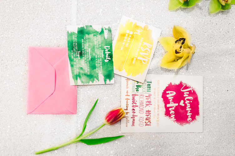 Stationery Bright Colourful Invitations Green Yellow Pink Modern Fresh Watercolour Wedding Ideas http://www.beatriciphotography.co.uk/ 