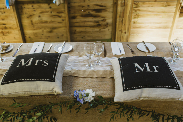 MR MRS Cushions Top Table Fun Music Rustic Barn Wedding http://www.yorkplacestudios.co.uk/