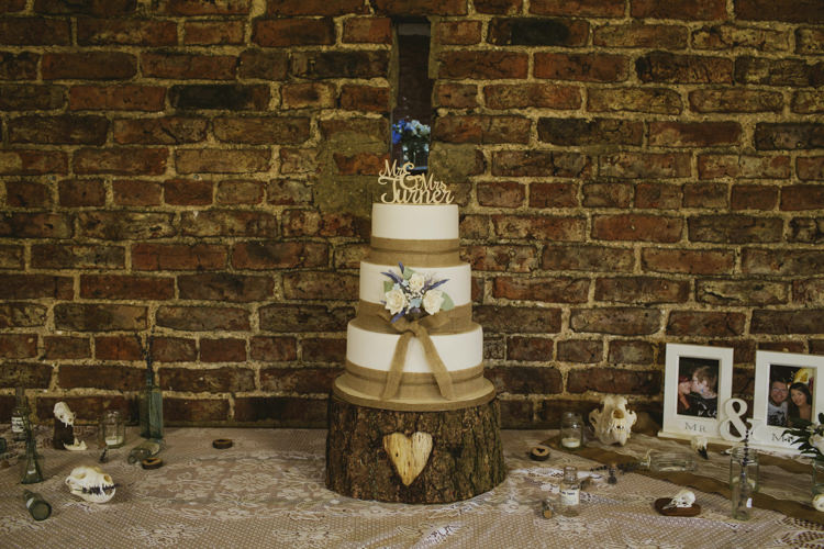 Hessian Cake Log Standd Flowers Topper Fun Music Rustic Barn Wedding http://www.yorkplacestudios.co.uk/