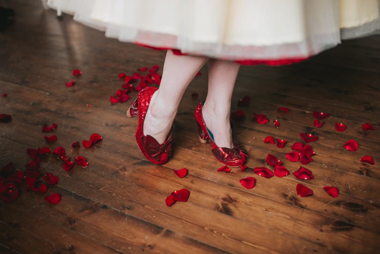 Glitter Red Bow Shoes Bride Bridal Magical Fairytale Disney Wedding Ideas http://www.beckyryanphotography.co.uk/