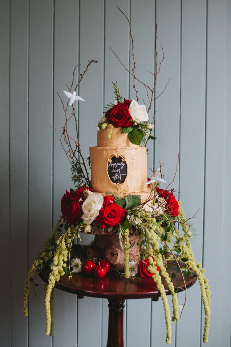 Cake Gold Red Roses Flowers Chalk Black Board Whimsical Magical Fairytale Disney Wedding Ideas http://www.beckyryanphotography.co.uk/
