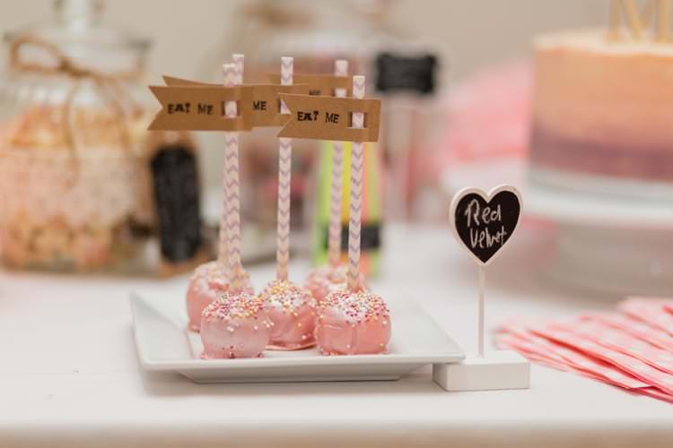 Cake Pops Eat Me Flags Pretty Pale Pink Country Barn Wedding http://kerriemitchell.co.uk/