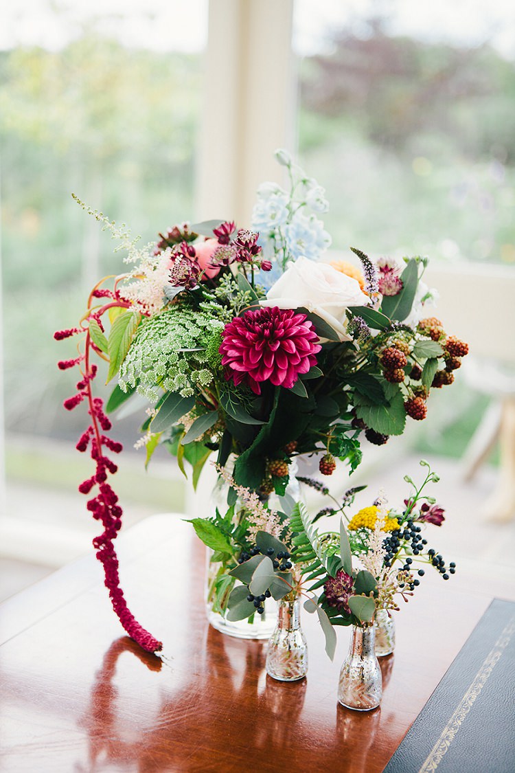 Red Dahlia Berries Flowers Jars Rustic Woodland Floral Wedding http://kellyjphotography.co.uk/