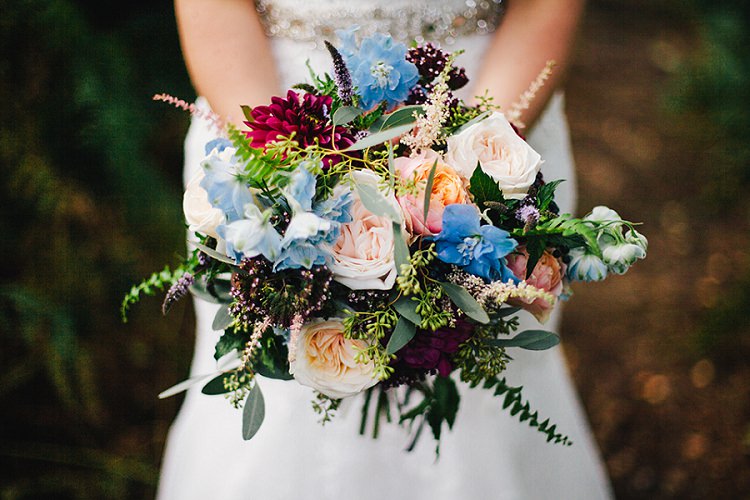Bouquet Bride Bridal Flowers Red Dahlia Blue Roses Peach Ferns Rustic Woodland Floral Wedding http://kellyjphotography.co.uk/
