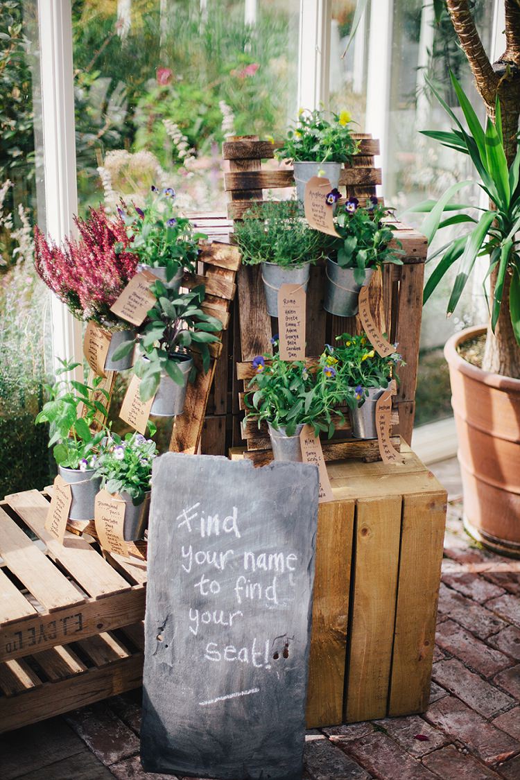 Crate Pallet Seating Table Chart Plan Potted Plants Rustic Woodland Floral Wedding http://kellyjphotography.co.uk/