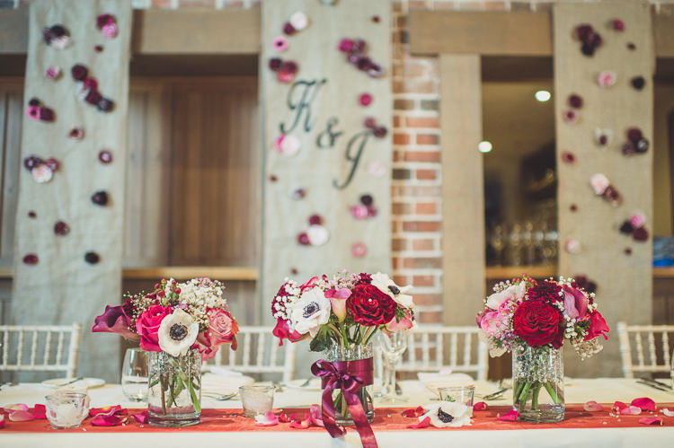 Flowers Top Table Pink White Romantic Burgundy DIY Winter Barn Wedding http://www.mattpenberthy.com/