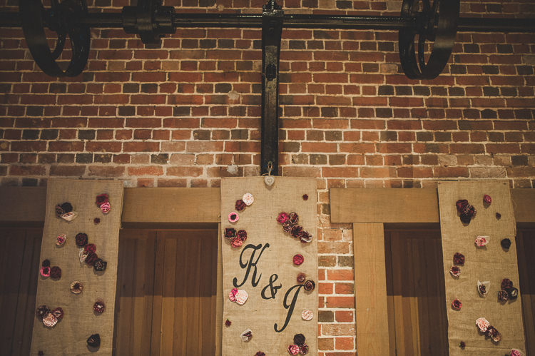 Hessian Burlap Backdrop Flowers Initials Romantic Burgundy DIY Winter Barn Wedding http://www.mattpenberthy.com/