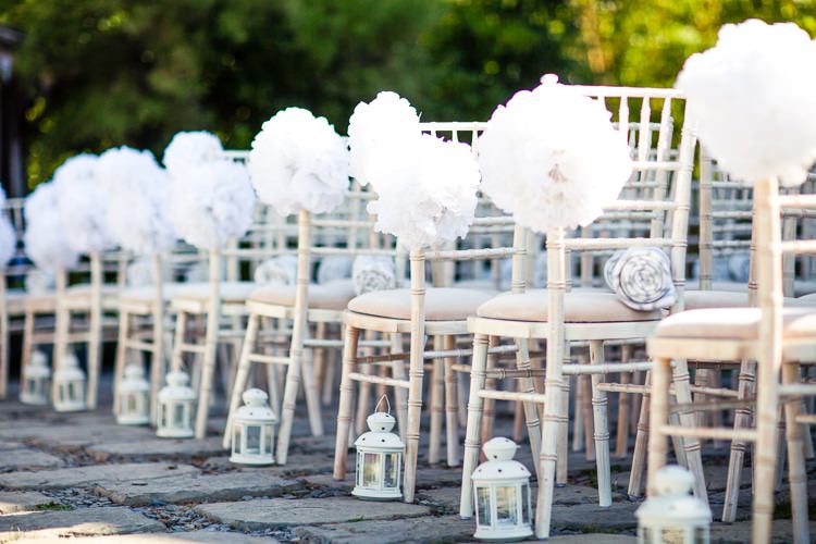 Pom Pom Pew Ends Chairs Aisle Ceremony Beautiful Cliffside Floral Wedding http://karibellamy.com/