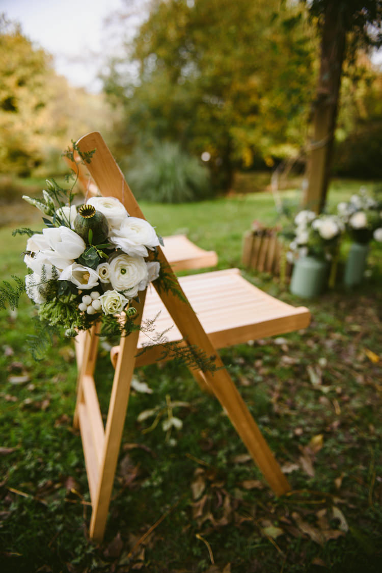 Chair Flowers White Green Pew End Ceremony Intimate Outdoor Farmhouse Wedding http://www.abiriley.co.uk/