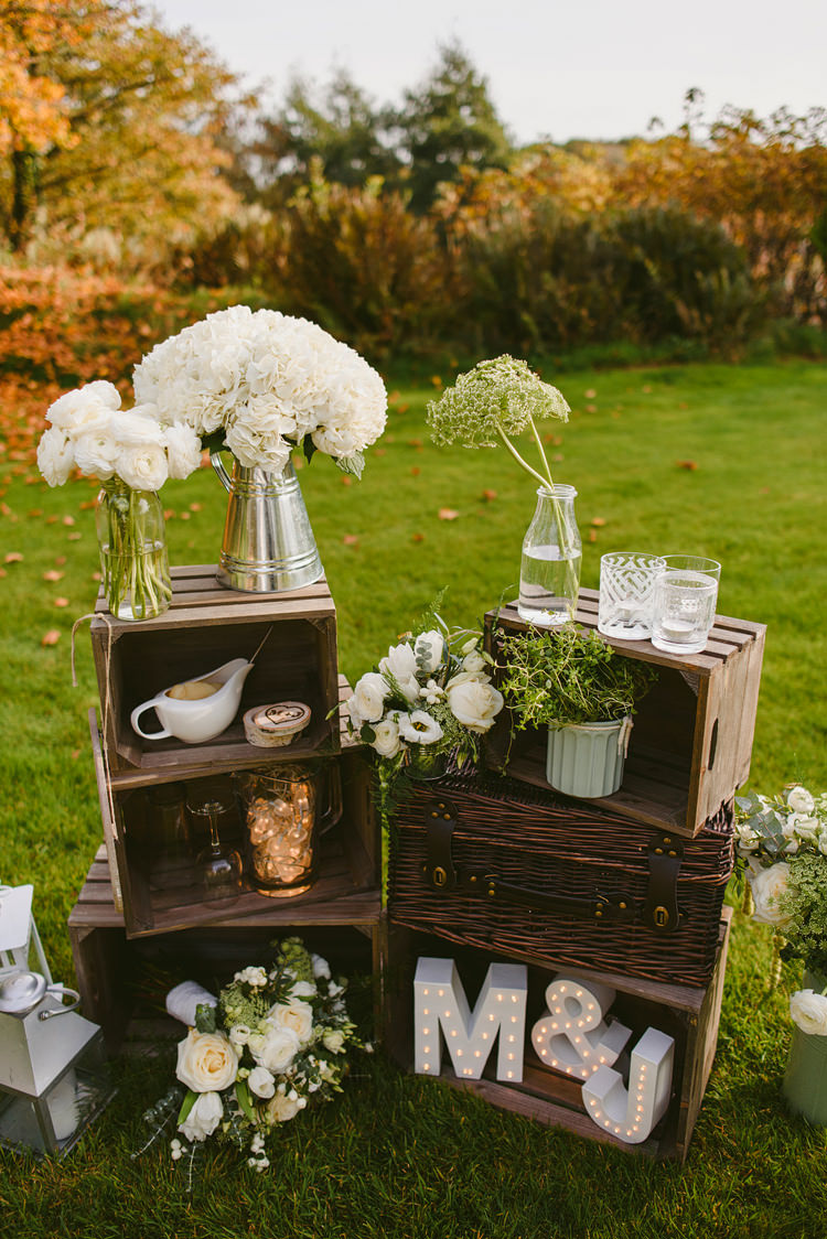 Crate Decor Rustic White Flowers Green Intimate Outdoor Farmhouse Wedding http://www.abiriley.co.uk/