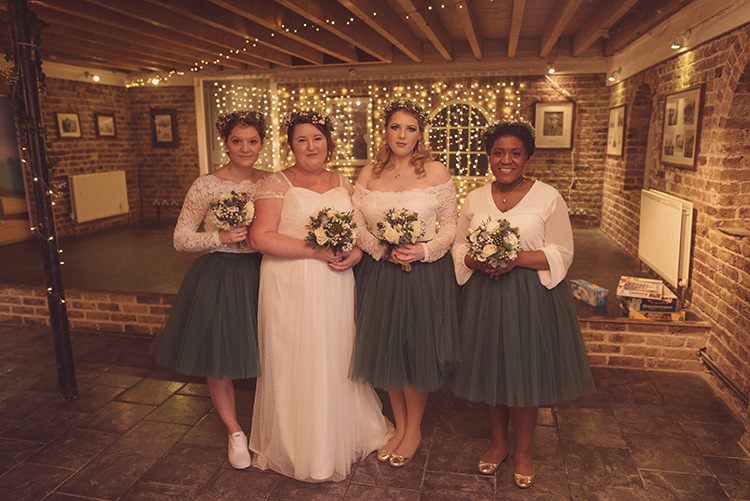 Bridesmaids Tulle Green Skirts White Tops Rustic Folksy Winter Wedding http://www.rebeccadouglas.co.uk/