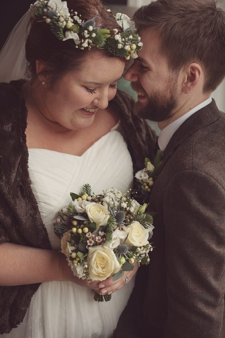 Bouquet Flowers White Green Roses Thistles Bride Bridal Rustic Folksy Winter Wedding http://www.rebeccadouglas.co.uk/