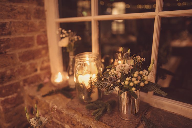 Tin Can Candles Flowers Rustic Folksy Winter Wedding http://www.rebeccadouglas.co.uk/