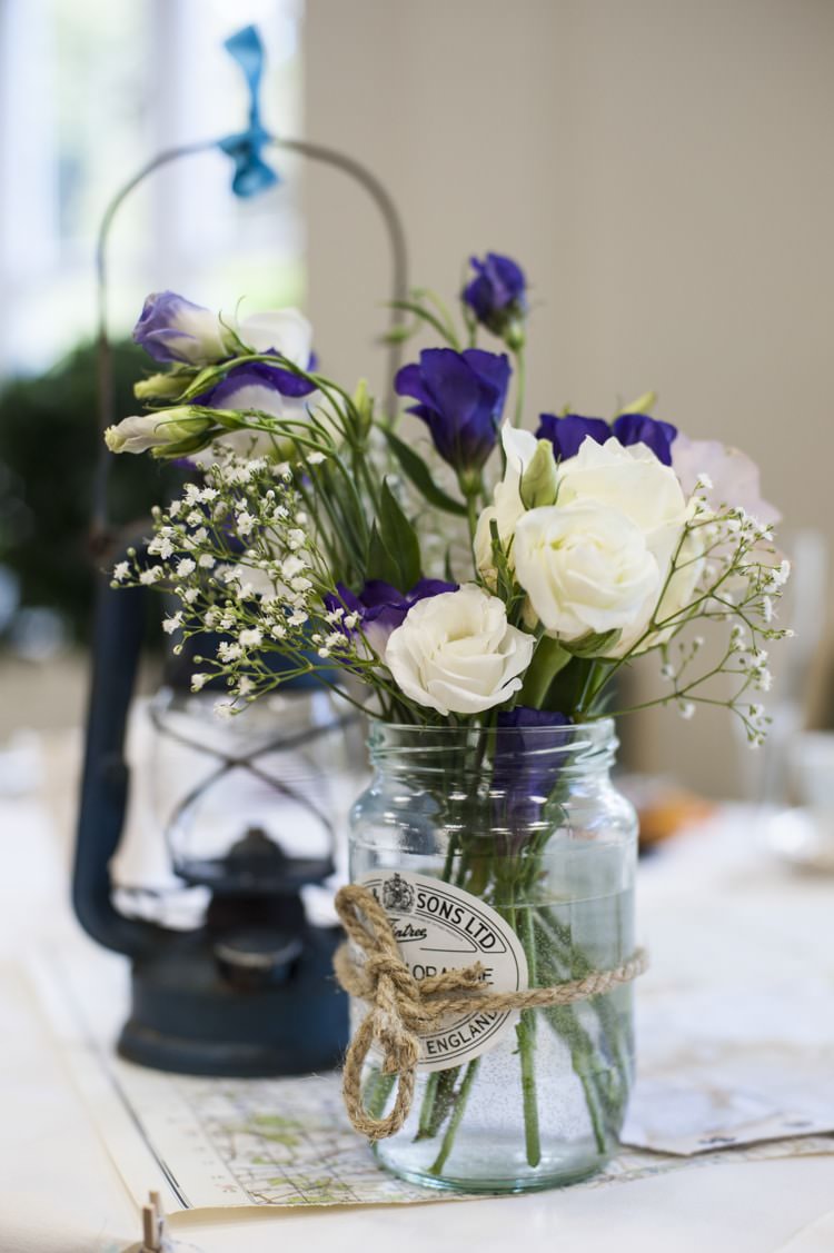 Jar Flowers Twine Vintage Cornflower Blue Wedding http://eleanorjaneweddings.co.uk/