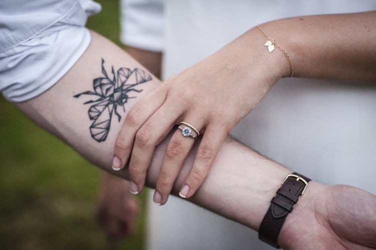 Tattoo Bride Bee Ring Engagement Band Vintage Cornflower Blue Wedding http://eleanorjaneweddings.co.uk/