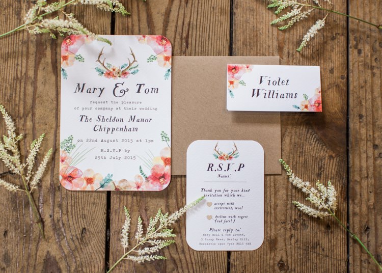 Floral Antler Stationery Invitations Colourful Festival Wedding Ideas http://www.sungblue.com/