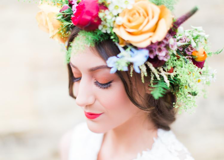 Flowers Crown Hair Halo Bride Bridal Greenery Foliage Whimsical Rose Large Fern Green Colourful Festival Wedding Ideas http://www.sungblue.com/