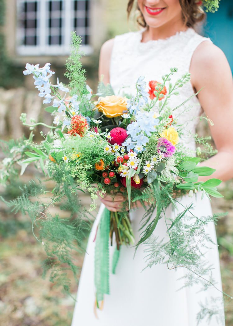 Flowers Bouquet Bride Bridal Greenery Foliage Whimsical Rose Large Fern Green Colourful Festival Wedding Ideas http://www.sungblue.com/