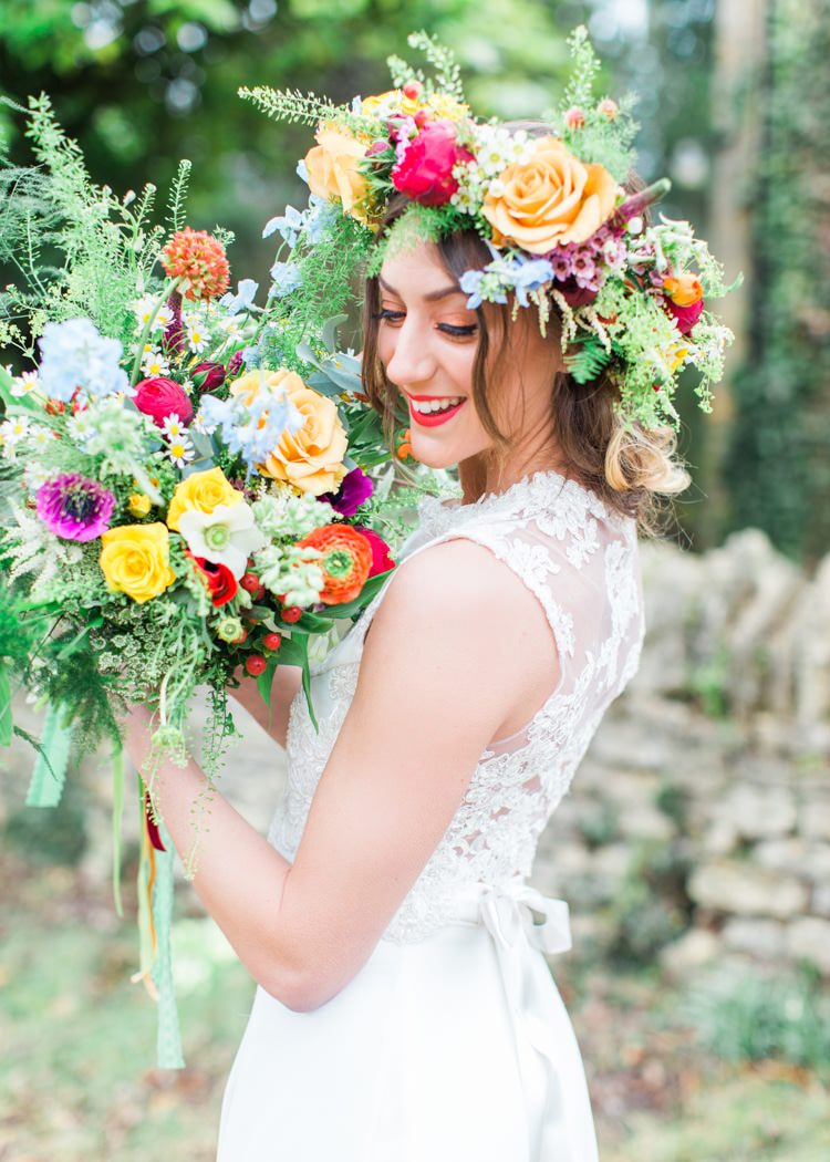 Flowers Bouquet Bride Bridal Greenery Foliage Whimsical Rose Large Fern Green Crown Hair Halo Headdress Colourful Festival Wedding Ideas http://www.sungblue.com/