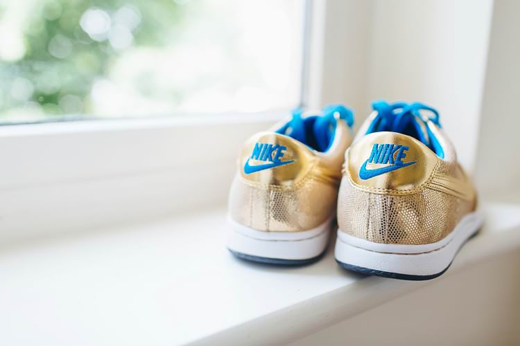 Gold Nike Trainers Bride Bridal Creative Warehouse Eclectic Wedding http://sarahbethphoto.co.uk/