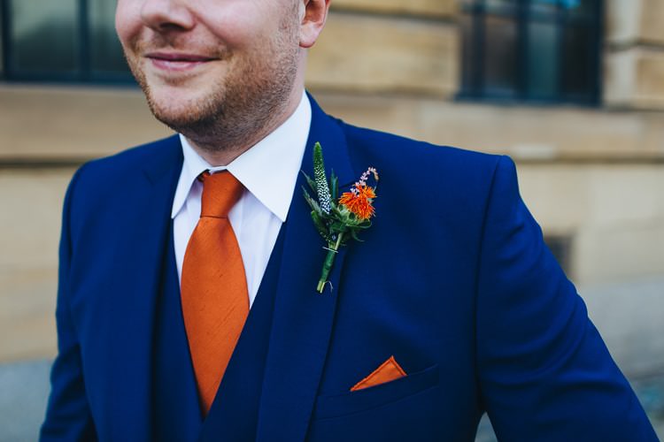 Orange Buttonhole Groom Tie Pocket Square Creative Warehouse Eclectic Wedding http://sarahbethphoto.co.uk/