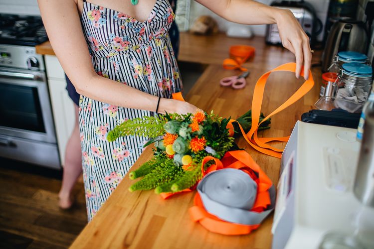 DIY Bouquet Ribbon Orange Creative Warehouse Eclectic Wedding http://sarahbethphoto.co.uk/