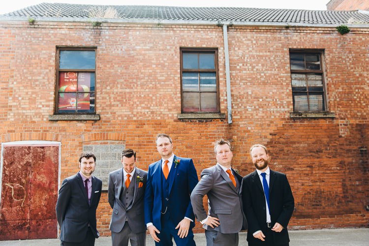 Grey Blue Groom Groomsmen Suits Orange Ties Creative Warehouse Eclectic Wedding http://sarahbethphoto.co.uk/