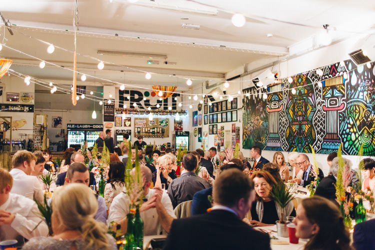 Fruit Hull Festoon Lights Creative Warehouse Eclectic Wedding http://sarahbethphoto.co.uk/