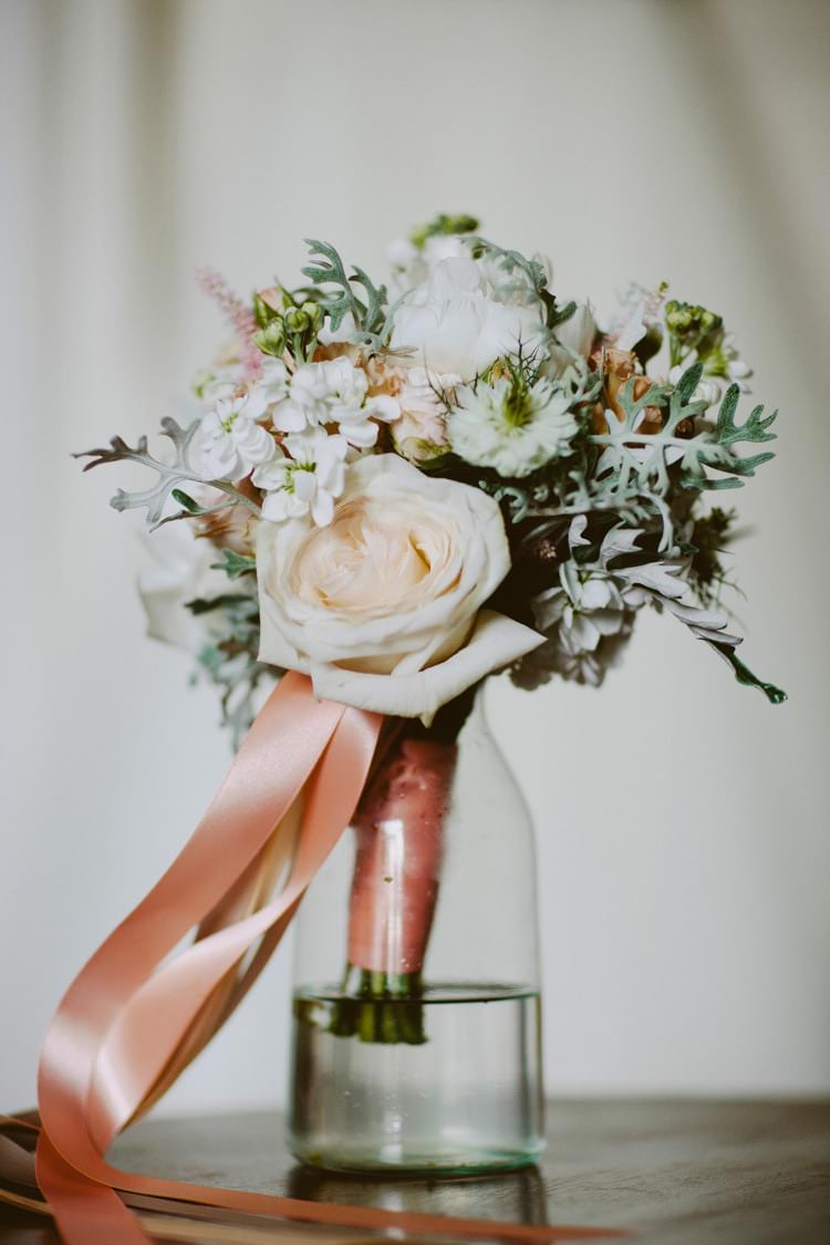 Bouquet Flowers Bride Bridal Peach White Rose Ribbons Romantic Pastel Countryside Wedding http://davidjenkinsphotography.com/