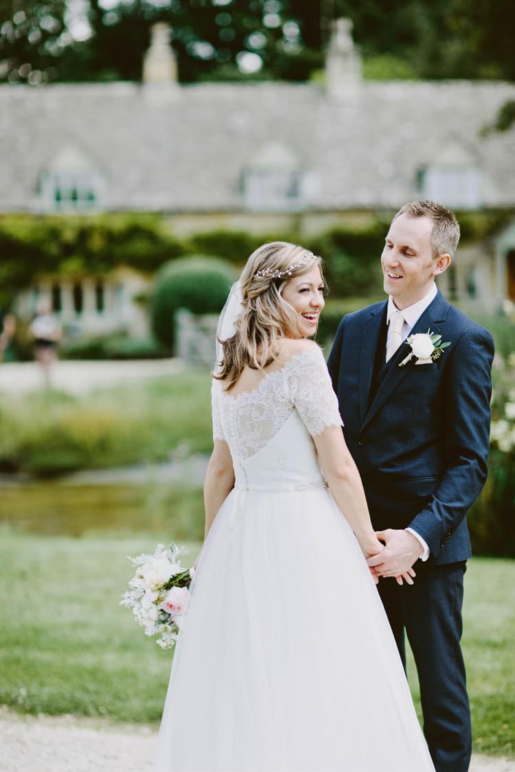 Augusta Jones Dress Gown Bride Bridal Off Shoulder Lace Sleeves V Dip Back Ribbon Sash Romantic Pastel Countryside Wedding http://davidjenkinsphotography.com/