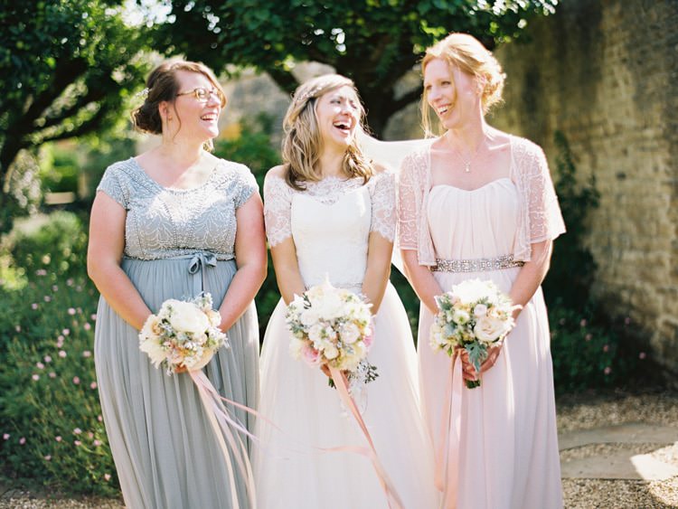Mismatched Bridesmaids Pink Grey Long Elegant Dresses Ribbon Bouquets Flowers Romantic Pastel Countryside Wedding http://davidjenkinsphotography.com/