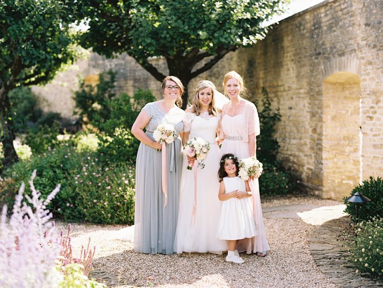 Mismatched Bridesmaids Pink Grey Long Elegant Dresses Romantic Pastel Countryside Wedding http://davidjenkinsphotography.com/