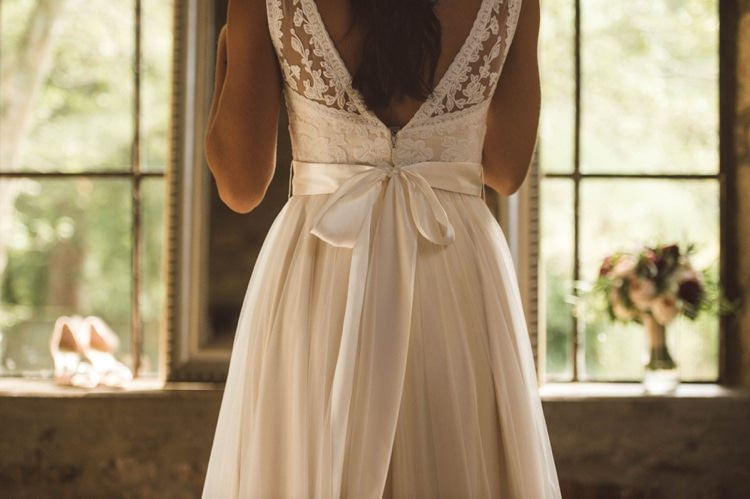 Bride Lace V Neck Satin Bow Bridal Gown Hippy Bohemian Outdoorsy Wedding in Pennsylvania http://tylerboye.com/