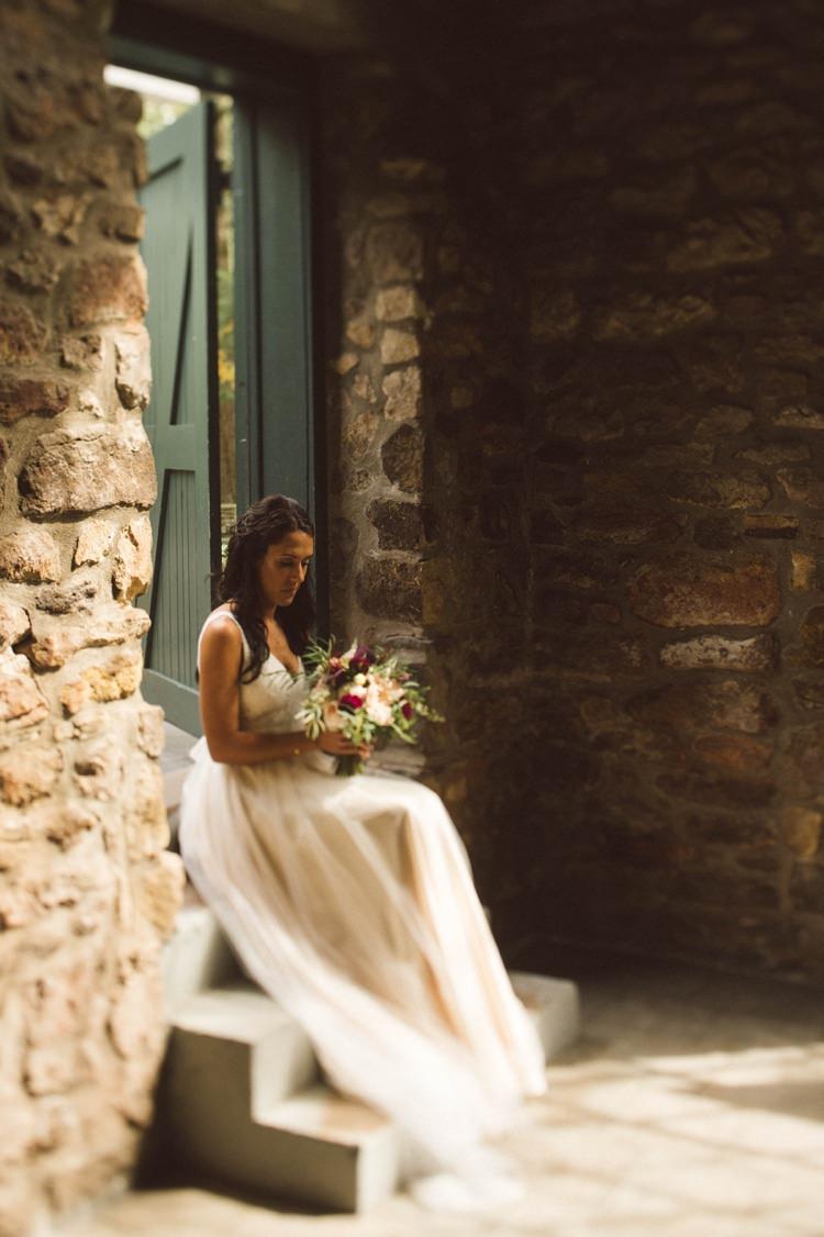 Bride Lace V Neck Bridal Gown Bouquet Cream Maroon Green Flowers Hedge Estate Hippy Bohemian Outdoorsy Wedding in Pennsylvania http://tylerboye.com/