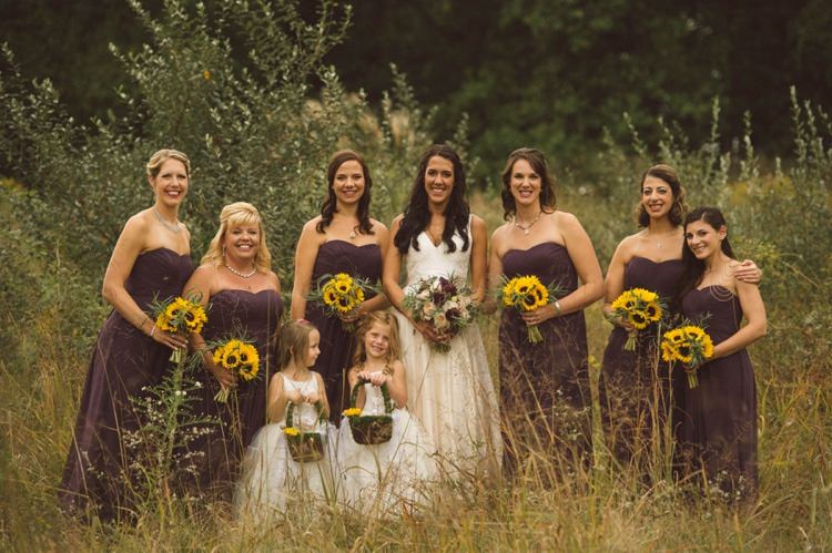 Bridal Party Bride Bridesmaids Flower Girls Eggplant Dresses Bouquets Sunflowers Baskets Outdoors Hippy Bohemian Outdoorsy Wedding in Pennsylvania http://tylerboye.com/