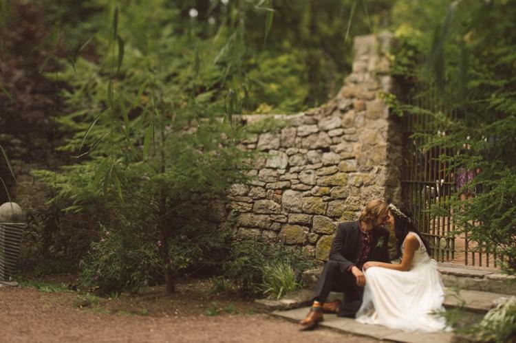 Bride Lace V Neck Bridal Gown Flower Crown Groom Grey Suit Maroon Shirt Tan Shoes Outdoors Rock Gate Trees Hippy Bohemian Outdoorsy Wedding in Pennsylvania http://tylerboye.com/