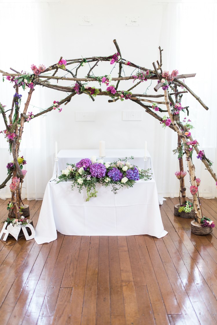 Ceremony Arch Backdrop Branches Flowers Fresh Pretty Humanist Wedding http://summerlilystudio.com/