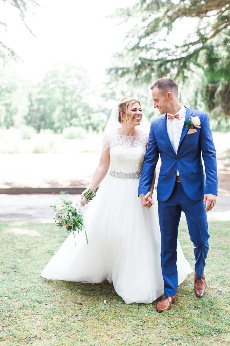 DKNY Blue Suit Groom Peach Bow Tie Fresh Pretty Humanist Wedding http://summerlilystudio.com/