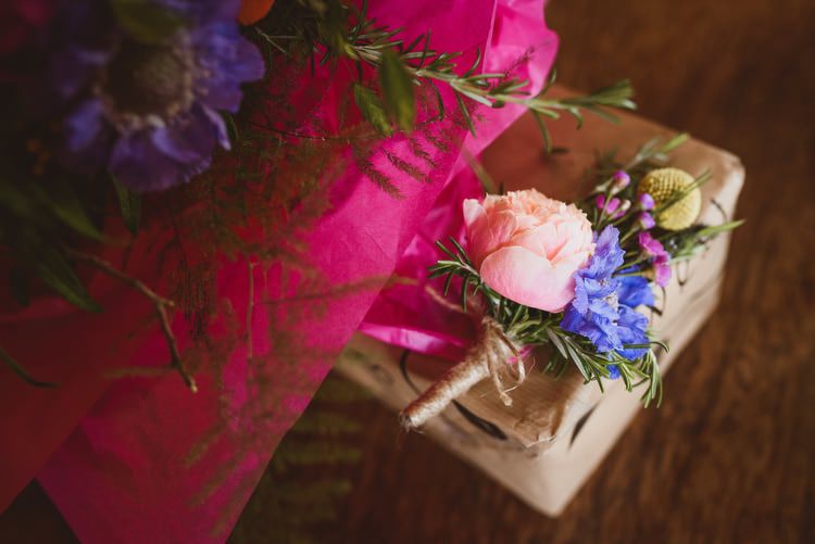 Pink Peony Billy Ball Buttonhole Colourful Multi Blooms Flowers Blue Yellow Pink Crafty Botanical Natural Wedding http://www.jacksonandcophotography.com/