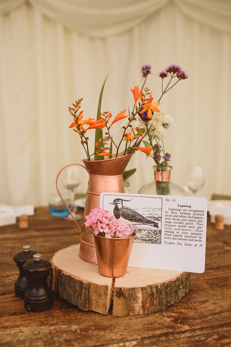 Wild Flowers Bottles Log Slice Centrepiece Decor Tables Copper Crafty Botanical Natural Wedding http://www.jacksonandcophotography.com/