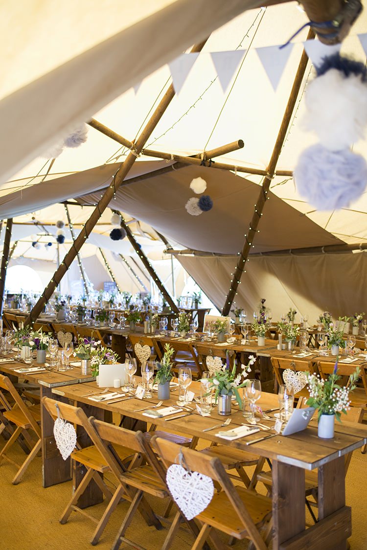 Pom Pon Fairy Lights Long Tables Bunting Romantic Country Tipi Wedding http://jodiecoolingphotography.com/