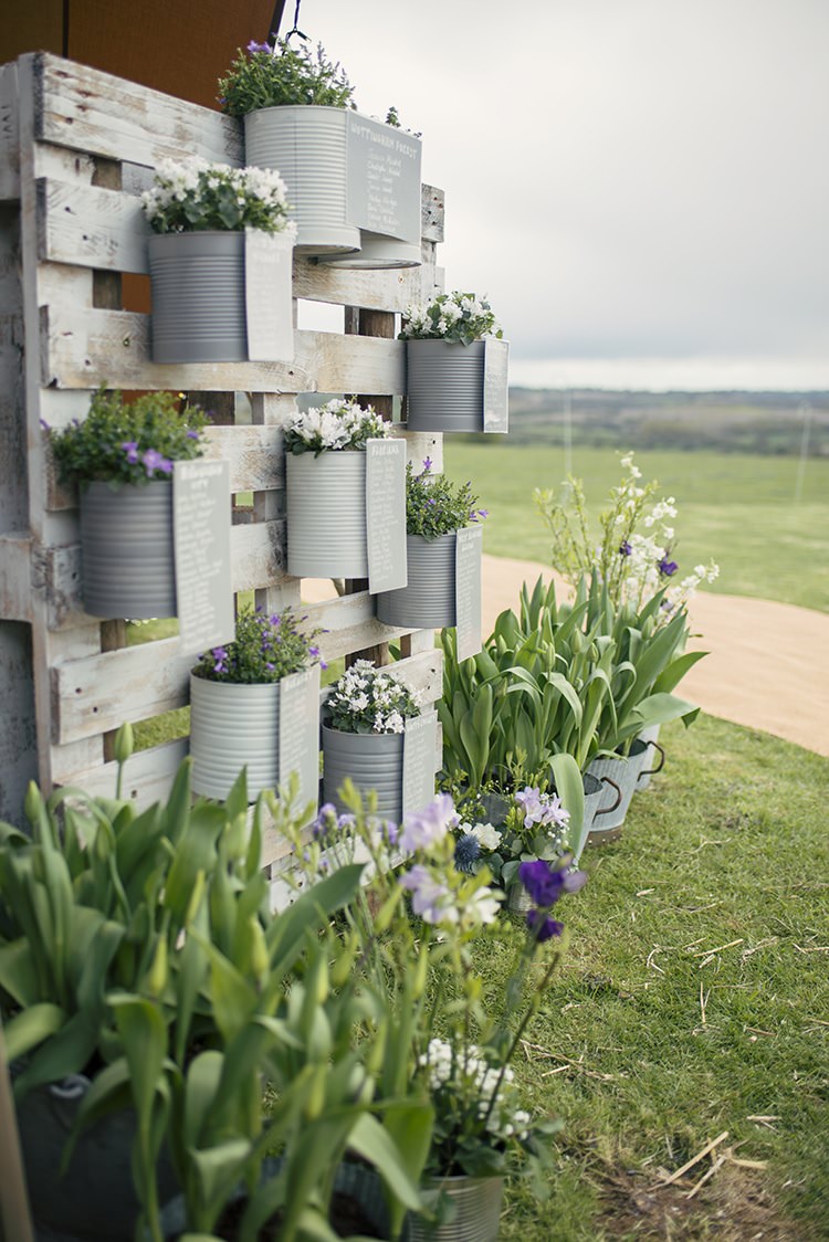 Tin Can Flowers Pallet Table Seating Plan Chart Romantic Country Tipi Wedding http://jodiecoolingphotography.com/