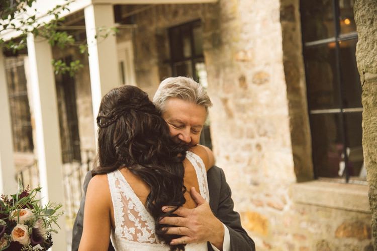 Bride Father Loose Curls Braided Hairstyle Lace V Neck Bridal Gown Hippy Bohemian Outdoorsy Wedding in Pennsylvania http://tylerboye.com/